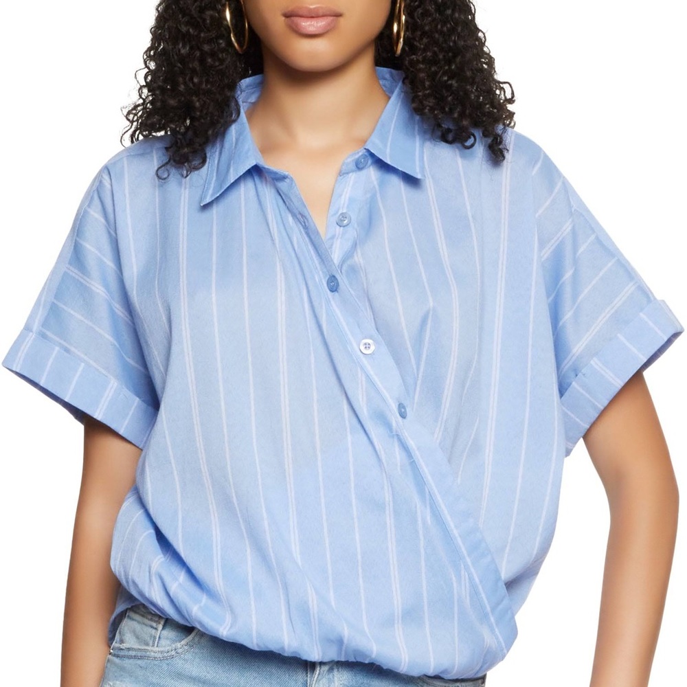 Striped Short Sleeve Wrap Shirt - Baby Blue